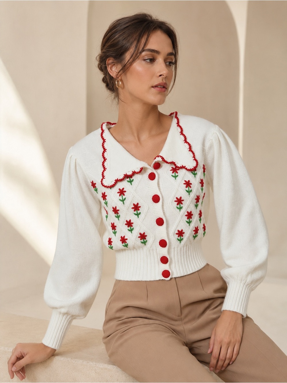 So Me Floral Embroidered Ivory Cardigan with Statement Collar NWT #D34